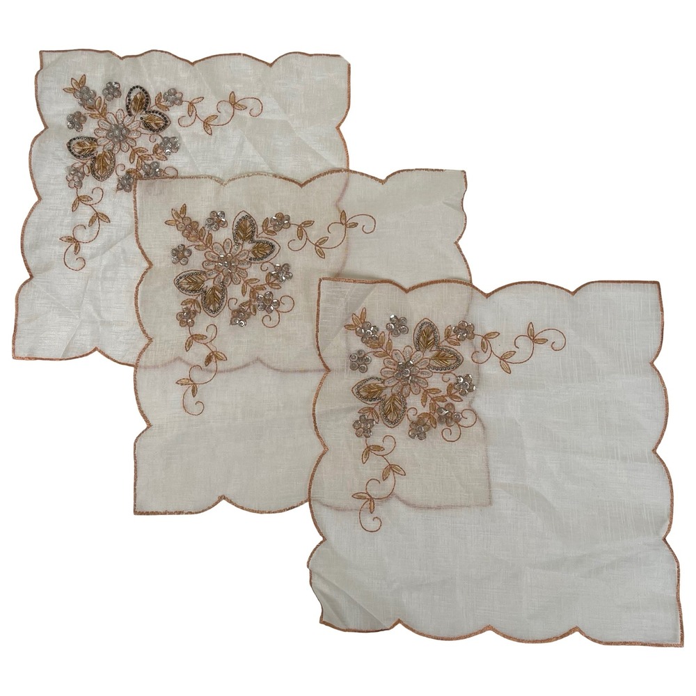 Vintage Set of 3 Hand Embroidered Beaded Floral Handkerchiefs 50s 60s‎ Scalloped